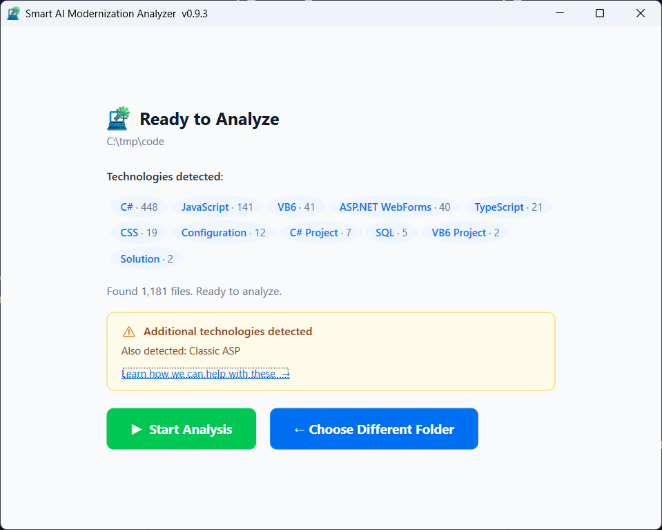 Smart AI Modernization Analyzer – Ready to Analyze screen showing detected technologies including TypeScript, SQL, JavaScript, C#, and CSS across 5,116 files