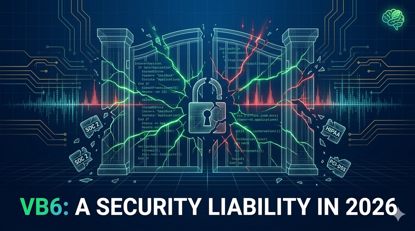 A cracked security gate overlaid with VB6 code and shattered SOC 2, HIPAA, and PCI-DSS compliance badges — representing VB6 as a security liability in 2026
